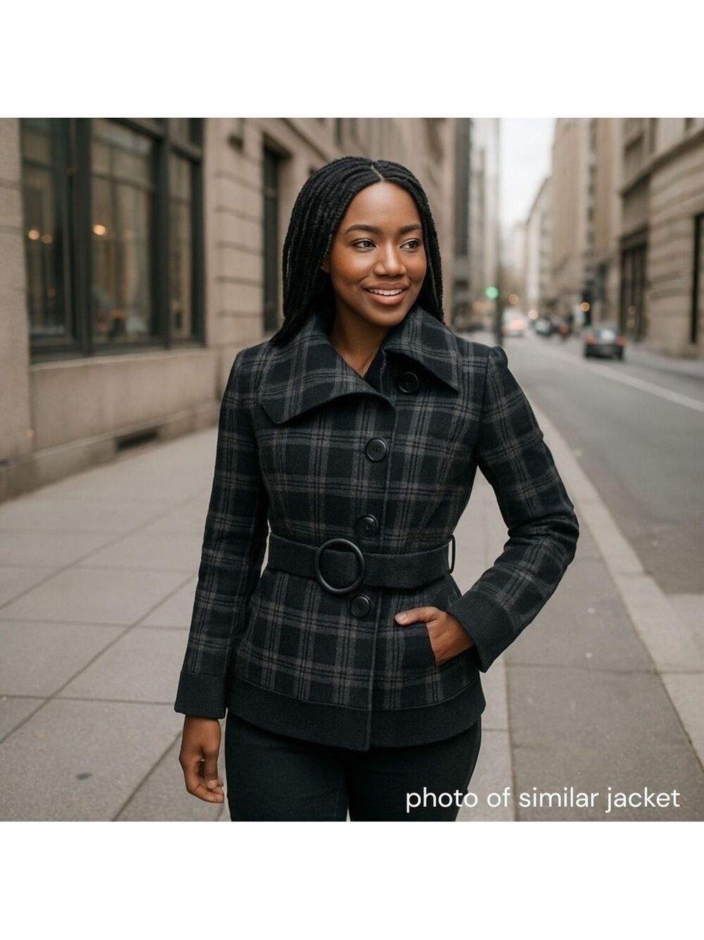 Vintage 2000s Y2K Guess Plaid Jacket Sz M Black Grey Belted Peacoat Wide Collar